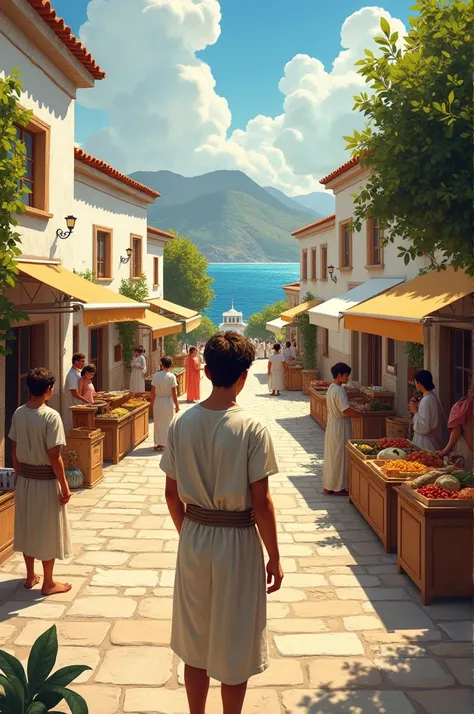 Comic 1 - **Setting:** A Greek village. - **Text:** Incient time, there was a young mathematician named Pythagoras. - **Image:** Show Pythagoras standing, observing the people in the village.Comic 1 - **Setting:** A Greek village. - **Text:** Incient time,...