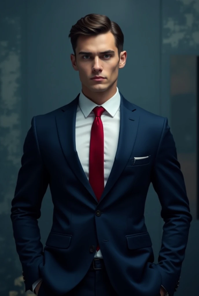 Professional  23 Year old boy with suit. Make the background more cool with blue suit and red tie. Same face 