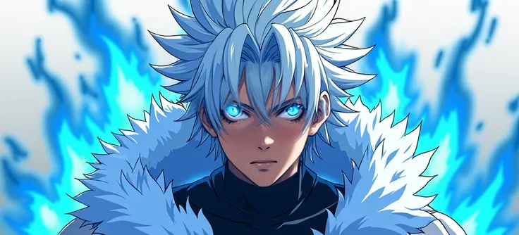 Gojo Satoru has white all-white hair with a blue aura and blue eyes