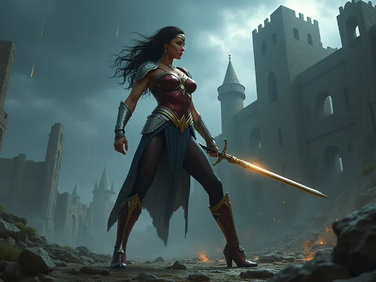 Full body view of a beautiful European black pantyhosed female with long legs looking like wonder woman in her armor and boots, wearing a sword and golden necklace, fighting a battle in front of castle ruins, thunderstorm in the backbround
