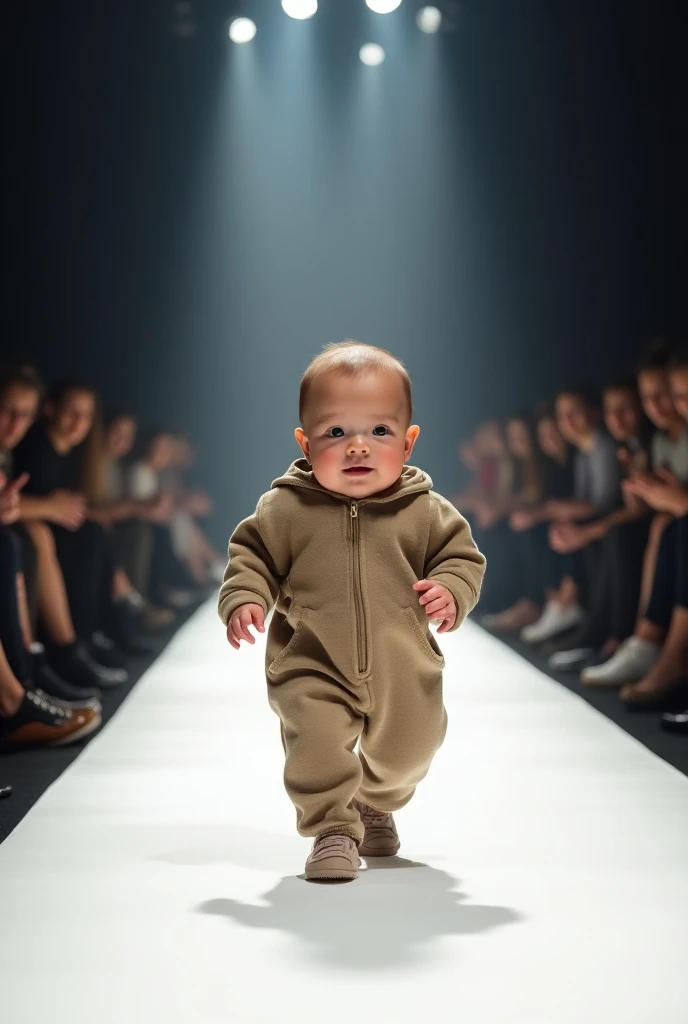 A baby on a catwalk in a jumpsuit