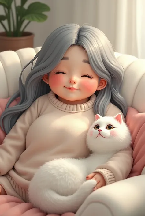 A cute chubby girl with cute sweater and long beautiful grey hair, sitting on the couch with white cat