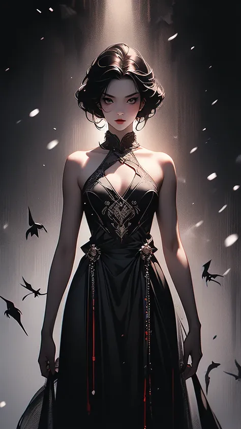 masterpiece,best quality,ultra-detailed,2girl,solo,crow,upper body,dark style,black hair,black clothes,standing,horror theme, black background, fully nude, snow white skin,