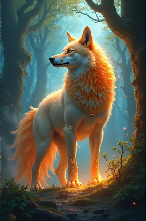 Here is the image of the wolf-phoenix hybrid in the mystical forest setting. Let me know if youd like any adjustments or further modifications!

