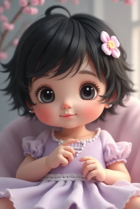  Baby  short black and wavy hair wearing lilac dress eye color black