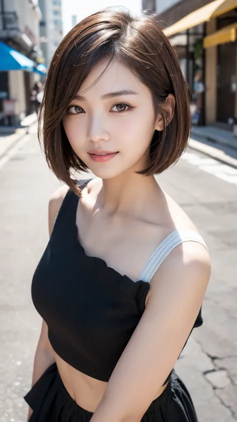 (((shoulder length brown straight short bob)))、(((her background is in downtown hawaii..、pose like a model at the hair salon.)))...