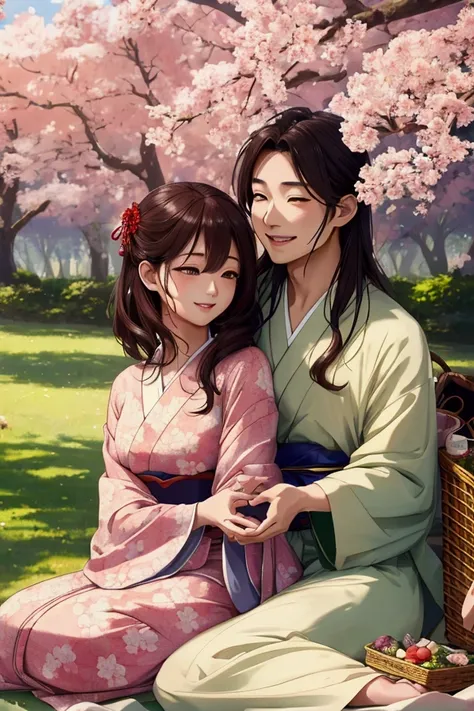 a happy japanese couple having a romantic picnic in a beautiful nature landscape, (best quality,4k,8k,highres,masterpiece:1.2),ultra-detailed,(realistic,photorealistic,photo-realistic:1.37),highly detailed couple, beautiful detailed eyes, beautiful detaile...