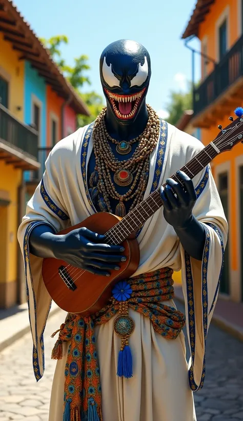 Venom appears as the main subject of the image, wearing attire inspired by Bahia’s Candomblé, with a vibrant and cultural scene style. In the background, we see Pelourinho, in Salvador, with its iconic colorful colonial houses and cobblestone streets. Veno...