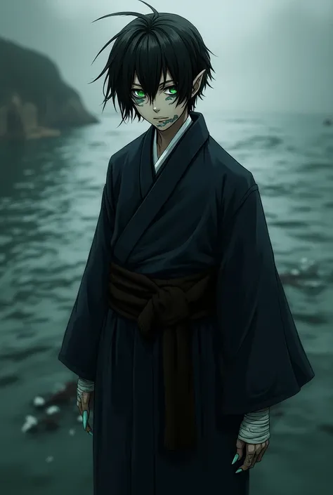 takasugi 1male, green eyes, short hair,  black hair, solo, japanese clothes, kimono, hair over one eye, bandages, bandage over one eye, ear fins, sharp nails, water scenary