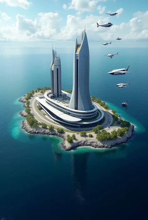 make an island in middle of ocean and island have two or three awesome buildings and clouds and photo will helicopter shot and write elon musk island on water with dark blue color and that two buildings will one will be space x building and one will tesla ...