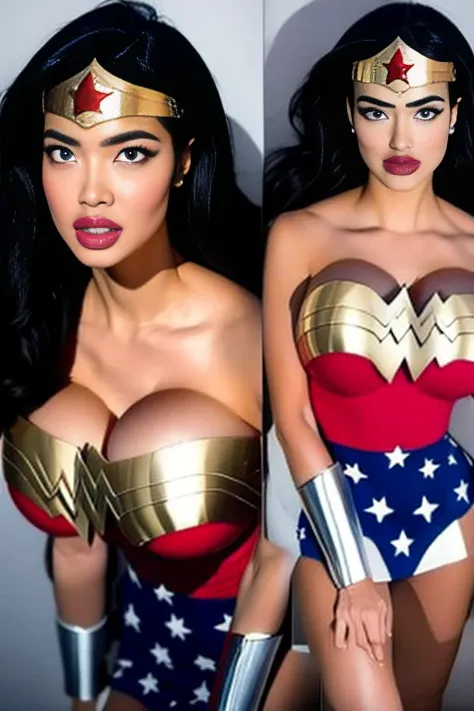 ( Best Quality ), (   Wonder Woman), (Overall view)       beautiful and sexy young woman , 18 years old,        toned and muscular      ,  Cool and handsome face with sharp eyes, Big Breasts, 