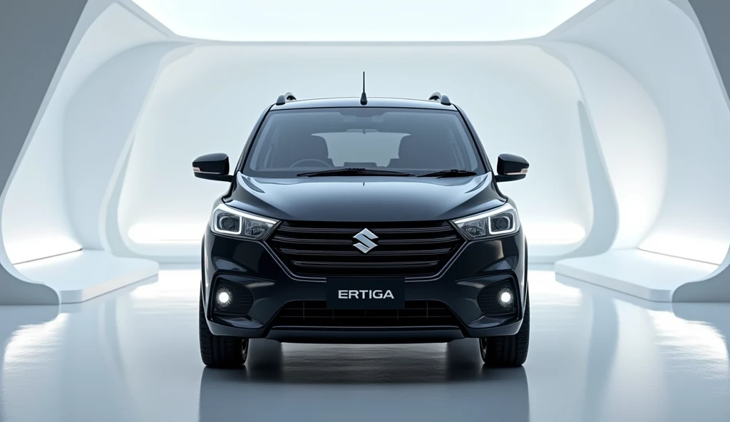 The image depicts the  (front view )of a( 2025 Maruti Suzuki Ertiga )car in a futuristic, well-lit showroom back ground car name with white walls and a reflective floor. The cars grille is prominent, and the headlights are sleek and modern. The cars emblem...