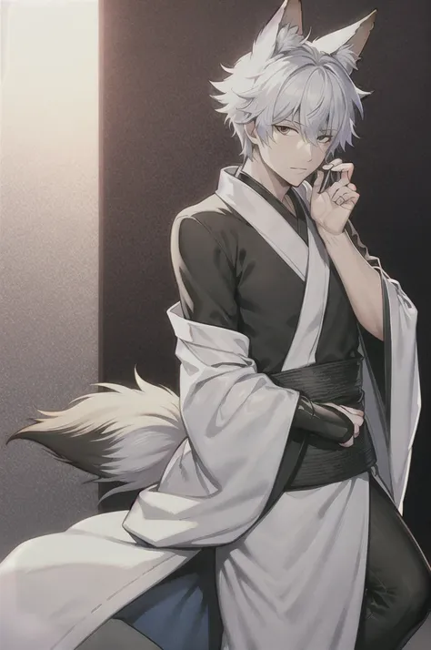 gintoki fox ears, nine fox tails, silver perm hair, red eyes, kimono