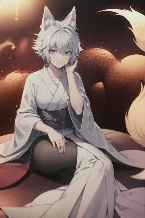 gintoki fox ears, nine fox tails, silver perm hair, red eyes, kimono