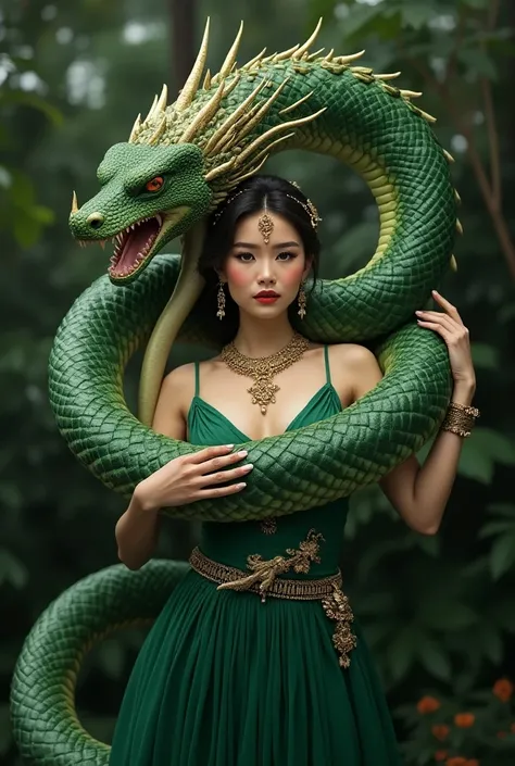 BIG GREEN THAI PHAYANAK WITH VERY BEAUTIFUL THAI GIRL,The girl is wearing a green Thai dress,, wear gold jewelry on the head, neck and arms.