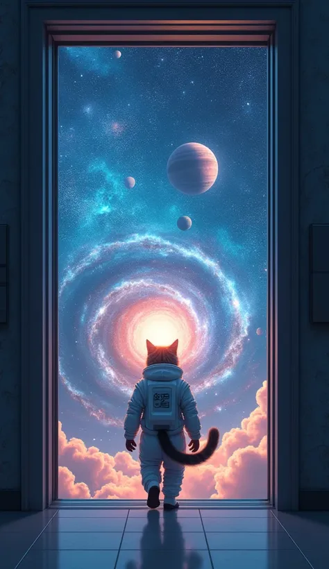 00:06**  The elevator door opens, revealing a breathtaking view of a swirling galaxy with stars and planets. The scene is bathed in a soft, ethereal light. The astronaut cat steps out of the elevator, ready for his adventure.

