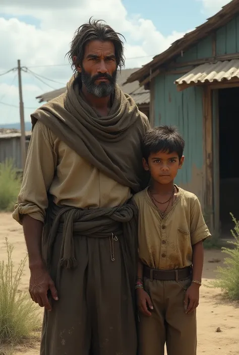 The one village thair small house and poor father with son sad