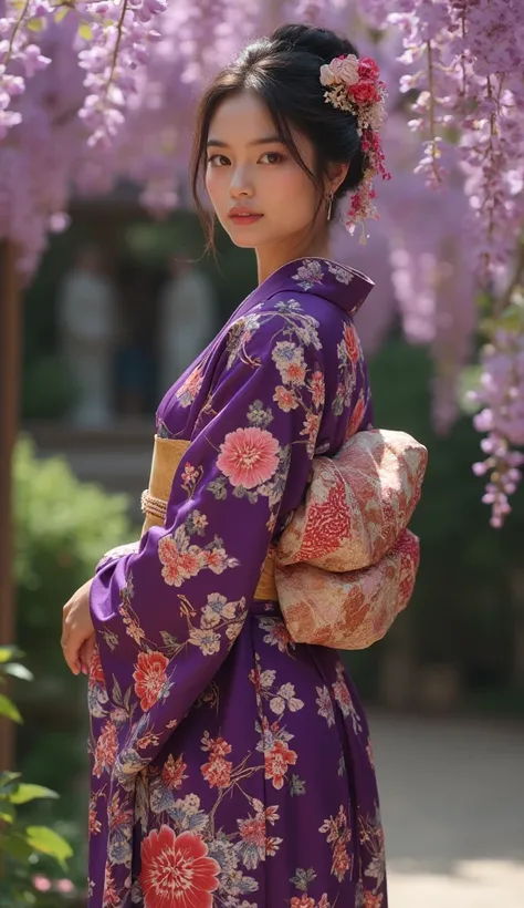 "A hyper-realistic portrait of an indian woman wearing a stunning, traditional Japanese kimono, indian skin complexion, bust size 32 b,standing gracefully against the backdrop of a beautiful Japanese garden adorned with a wisteria trellis. Her kimono is an...