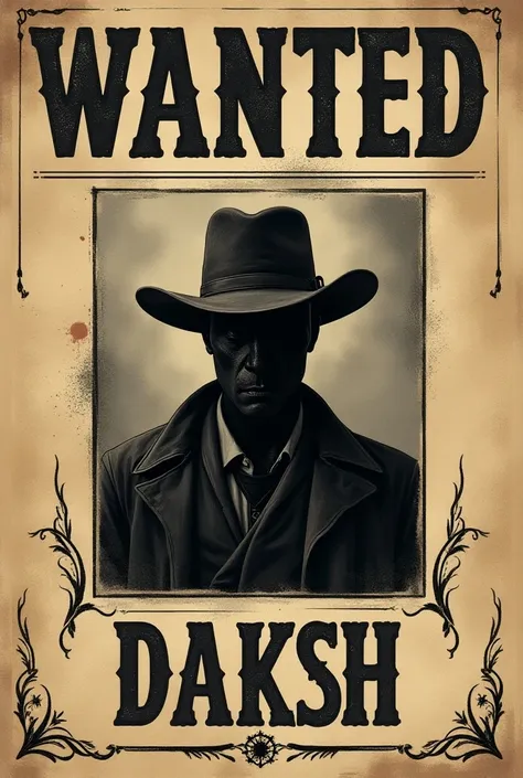 A wanted poster with the name daksh, vintage style, no picture 
