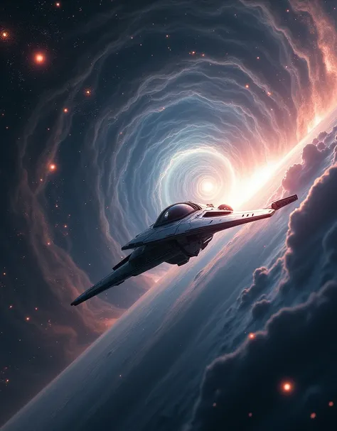 , a small but very high-tech spacecraft jumps into hyperspace,, the effect of going through a tunnel between spaces and worlds , science fiction, photorealism,against the background of an endless cosmos of stars and mists 