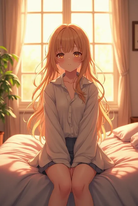 (photorealism:1.2), beautiful anime girl, sitting on bed, wearing loose shirt, short skirts, golden brown hair, window with sunlight, relaxed pose, realistic, intricate details, warm colors