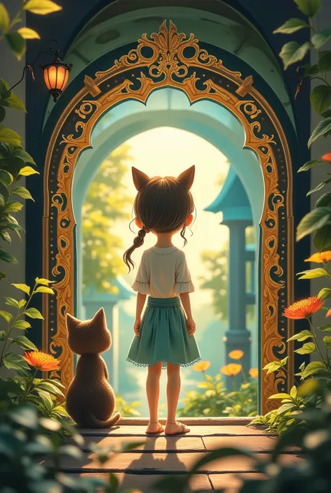 異世界へのdoor、 fantasy　star　girl with cat,  studio ghibli ,  best quality,  masterpiece ,   very pretty  , perfect composition,   co...