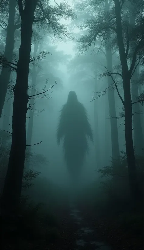 An indistinct but eerie shape appearing deep in the woods at night, surrounded by fog and shadows. It’s barely visible, with just enough detail to suggest something otherworldly, creating a chilling and suspenseful scene."