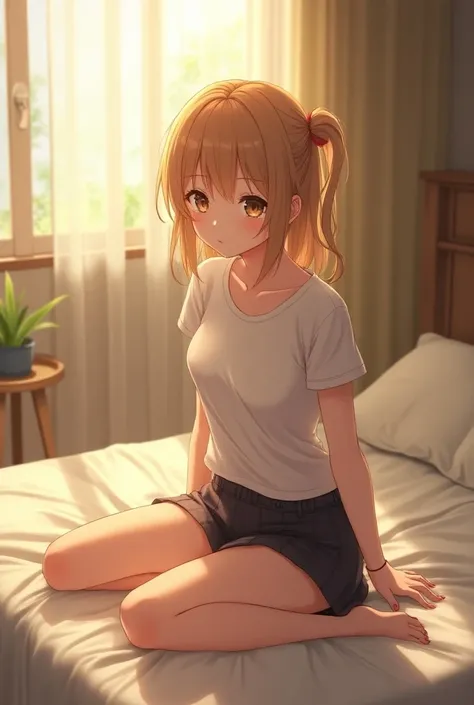 (photorealism:1.2), beautiful anime girl, sitting on bed, wearing loose t-shirt, short skirts, golden brown hair, window with sunlight, relaxed pose, realistic, intricate details, warm colors