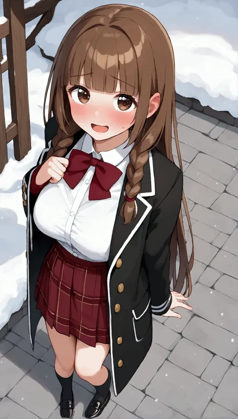 {Best Quality], [Very beautiful], [Ultra fine], [Best illustration],sauce_anime,stand,Brown Hair,hime cut,Long Hair,Braids,Excited face,Cutesy,I like you make an appeal ,High school girl, white shirt,skirt,Wear a black long coat,Beautiful breasts, black hi...