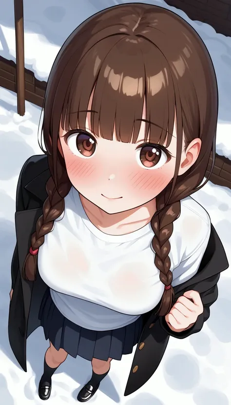 {Best Quality], [Very beautiful], [Ultra fine], [Best illustration],sauce_anime,stand,Brown Hair,hime cut,Long Hair,Braids,Excited face,Cutesy,I like you make an appeal ,High school girl, white shirt,skirt,Wear a black long coat,Beautiful breasts, black hi...