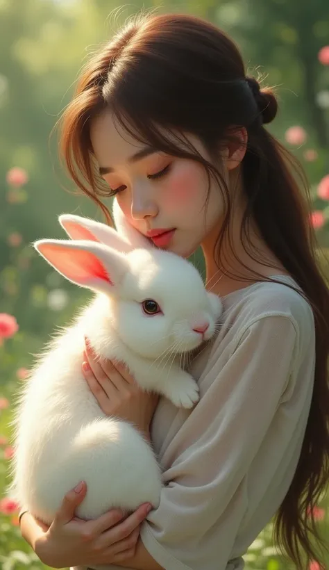 A realistic portrait of a young woman with long brown hair, wearing a casual, elegant outfit, gently holding a large, fluffy white rabbit in her arms. The rabbit is soft and oversized, with a gentle expression, its fur detailed and voluminous. The girl is ...