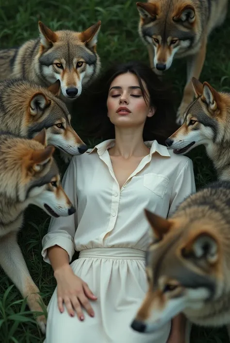 Beautiful woman, white button shirt, skirt, unconscious, surrounded by wolves