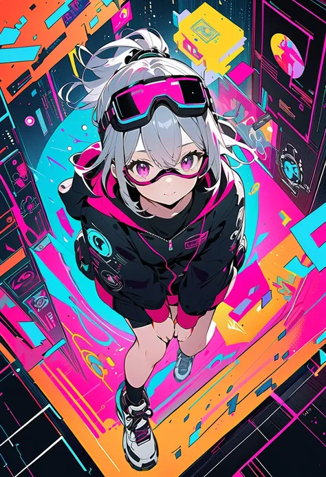 Crisp illustrations,(masterpiece, best quality),(exposure:1.2), woodblock print collage depicting,(cutie hacker girl floating in a weightless cyberspace,tween),wearing vr-goggles,surrounded by cyberpunk symbols,electrons,splash color, collage art, contempo...