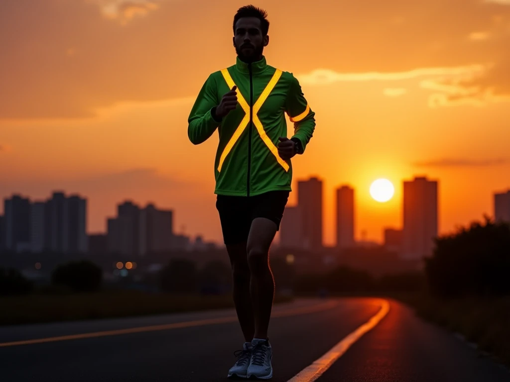 Photograph a runner in reflective sportswear silhouetted against a sunset, with a city skyline in the background, highlighting both the safety and style elements of the outfit.