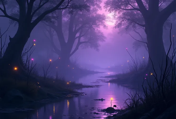 night, swamp, fireflies of different colors, reed, swamp weed, marsh, bog, fantasy, mysterious purple fog, mud