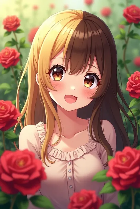 Anime girl with half brown and half blonde hair Happy with the roses. The hair is divided into brown left and blonde right. 