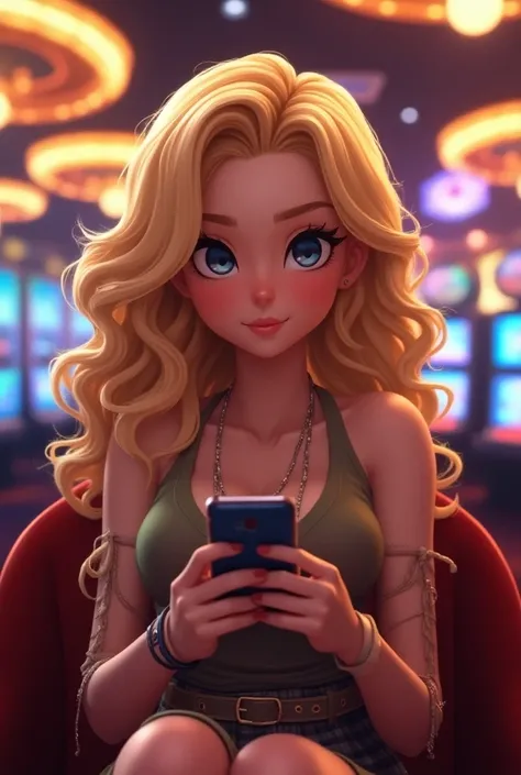 Curly haired blonde 3D anime woman holding a cell phone sitting in the casino