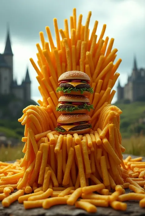 Create a French Fried Throne reminiscent of the GOT series, add hamburgers on top of the accent and a medieval background 


