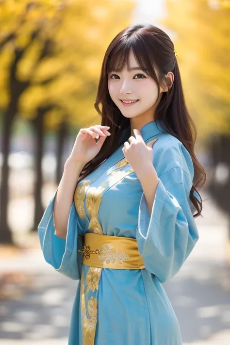 photo-realistic quality、japanese model posing for kung fu wearing a blue china dress、the background is a row of yellow ginkgo tr...