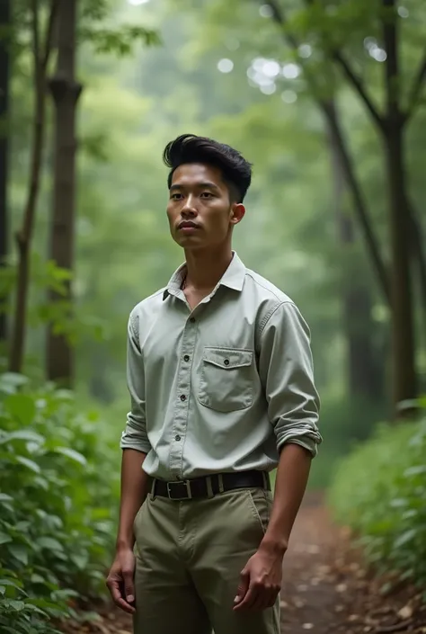 Handsome assamese man of around 26years with indian chinese look full photo in outside in a jungle of assam