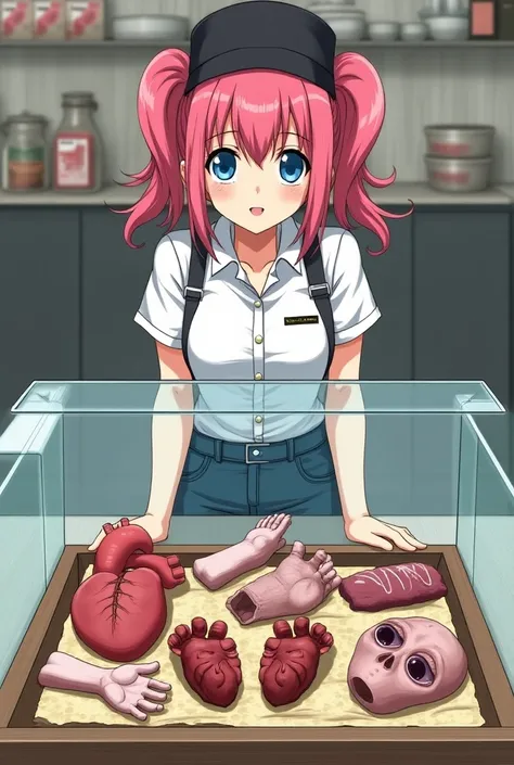   a manga-style female character in a bakery attendant uniform. jeans, Black Hat,  white shirt and shoes .
 52 kilos and 1 thin ,.、 pink haired girl 、 blue eyes、 twin drill、
 shes behind a glass bakery counter .,  inside the counter 、 has a tray with human...