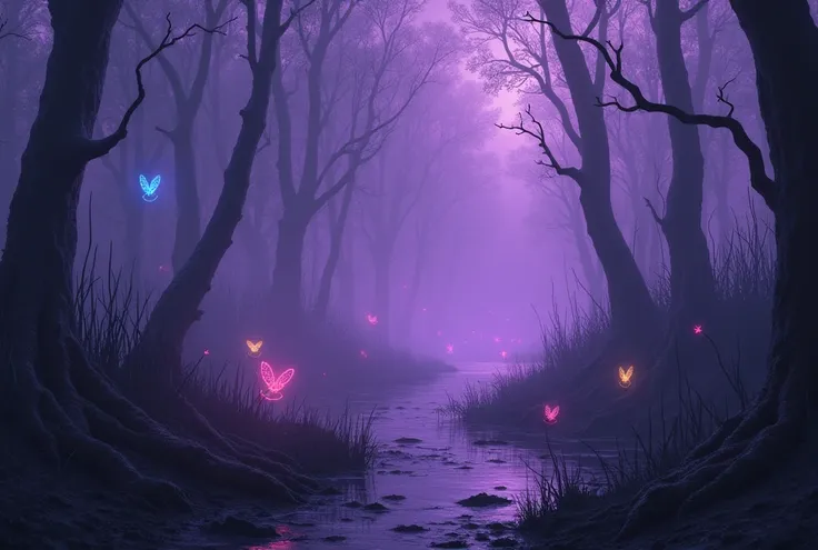 night, swamp, fireflies of different colors, reed, swamp weed, marsh, bog, fantasy, mysterious purple fog, mud, no trees