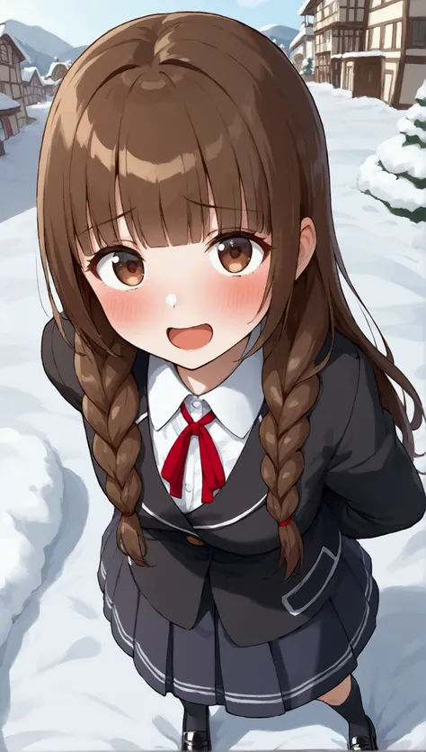 {Best Quality], [Very beautiful], [Ultra fine], [Best illustration],sauce_anime,stand,Brown Hair,hime cut,Long Hair,Braids,Excited face,Cutesy,I like you make an appeal ,High school girl,skirt,Wear a black long coat,Beautiful breasts, black high socks , bl...