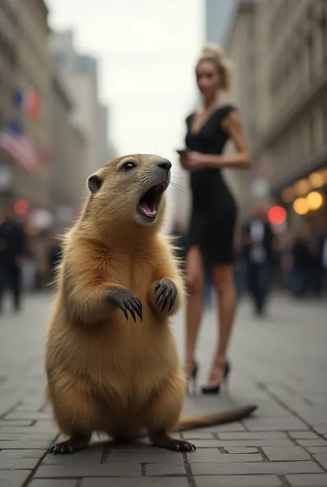 Marmot screaming when she sees a sexy beauty in the city