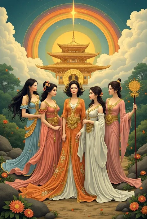 ８ｋ　 high quality　Art Nouveau Ukiyo-e 　 Golden Goddess of Glory, Amaterasu Omikami in kimono costume and Venus armed with huge gold armor　Moon Fairy　 Valkyrie　Cleopatra　 Aphrodite Cumulonimbus at the Festival of Love and Peace 　 Beautiful Golden Temple of N...