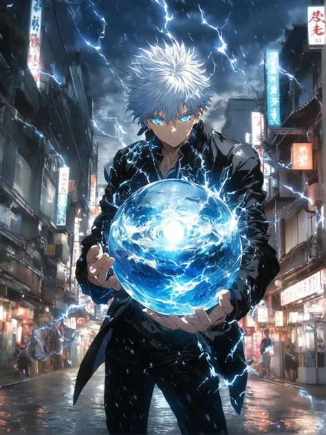  A realistic and elaborate energy ball in a strong hand walking through the streets of Japan,Gojo Satoru, One boy, Alone, ( Detailed Blue Eyes ) jacket, gakuran, (masterpiece , Highest_quality ) , (Rock Pose),Infinite realistic lightning in a sphere,water,...