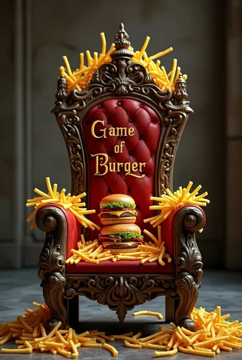 Create a medieval French Fried Throne reminiscent of the GOT series add hamburgers over the accent with a text written Game of Burguer 

