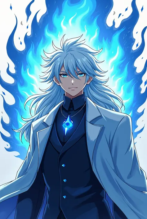 Gojo Satoru has white all-white hair with a blue aura and blue eyes