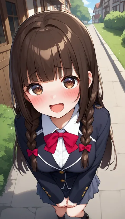 {Best Quality], [Very beautiful], [Ultra fine], [Best illustration],sauce_anime,stand,Brown Hair,hime cut,Long Hair,Braids,Excited face,Cutesy,I like you make an appeal ,High school girl,skirt,Wear a black long coat,Beautiful breasts, black high socks , bl...