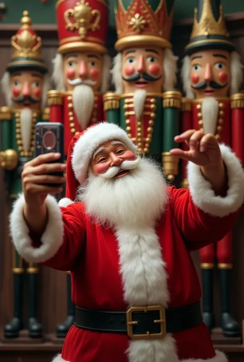 Draw Santa Claus taking a self with his cell phone in front of a nutcracker panel